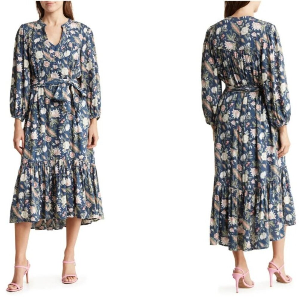 Maisie Floral Long Sleeve‎ Midi Dress Denim / Pink XL